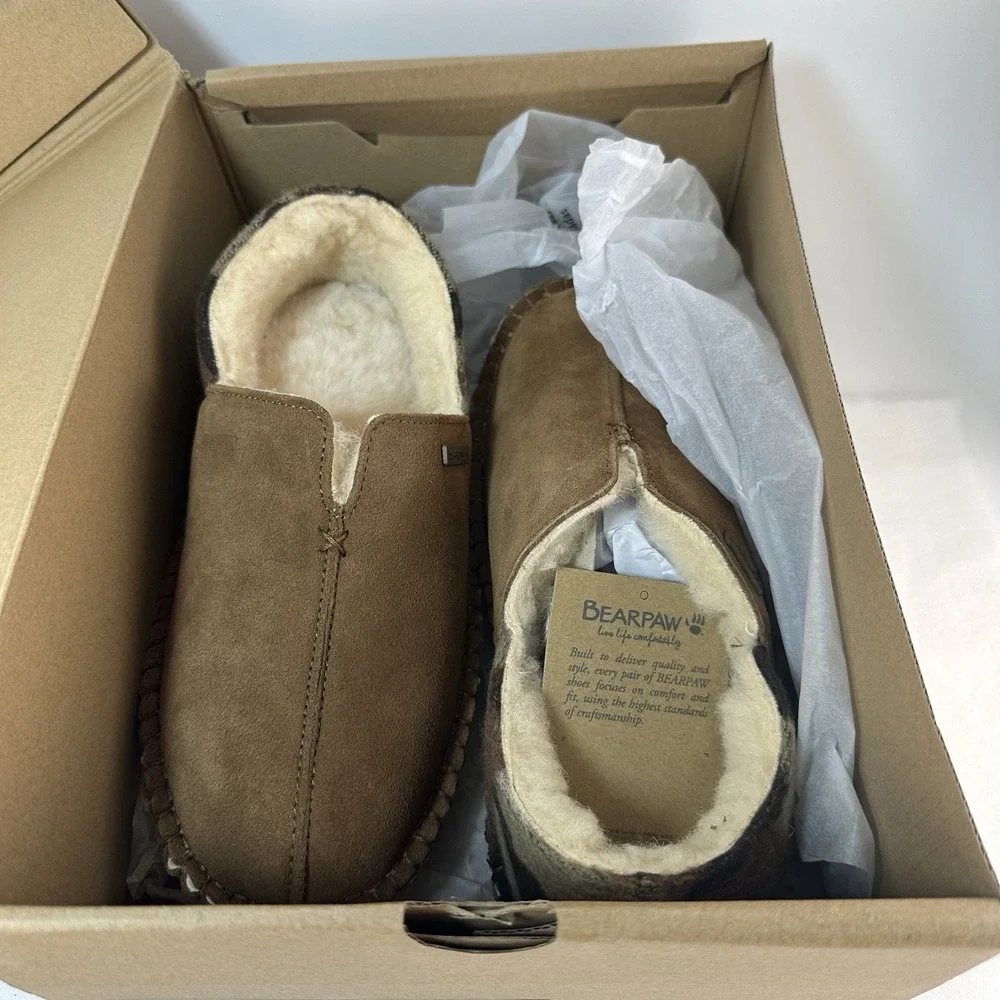BEARPAW Marc Slippers Men's Size 9 Hickory Suede Sheepskin Lined New In Box